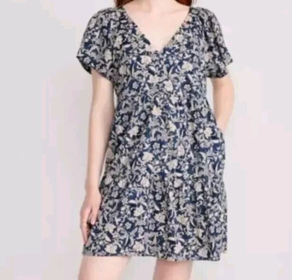 Old Navy Blue Floral Bell Sleeve V-Neck Swing Mini Dress Pockets Size S